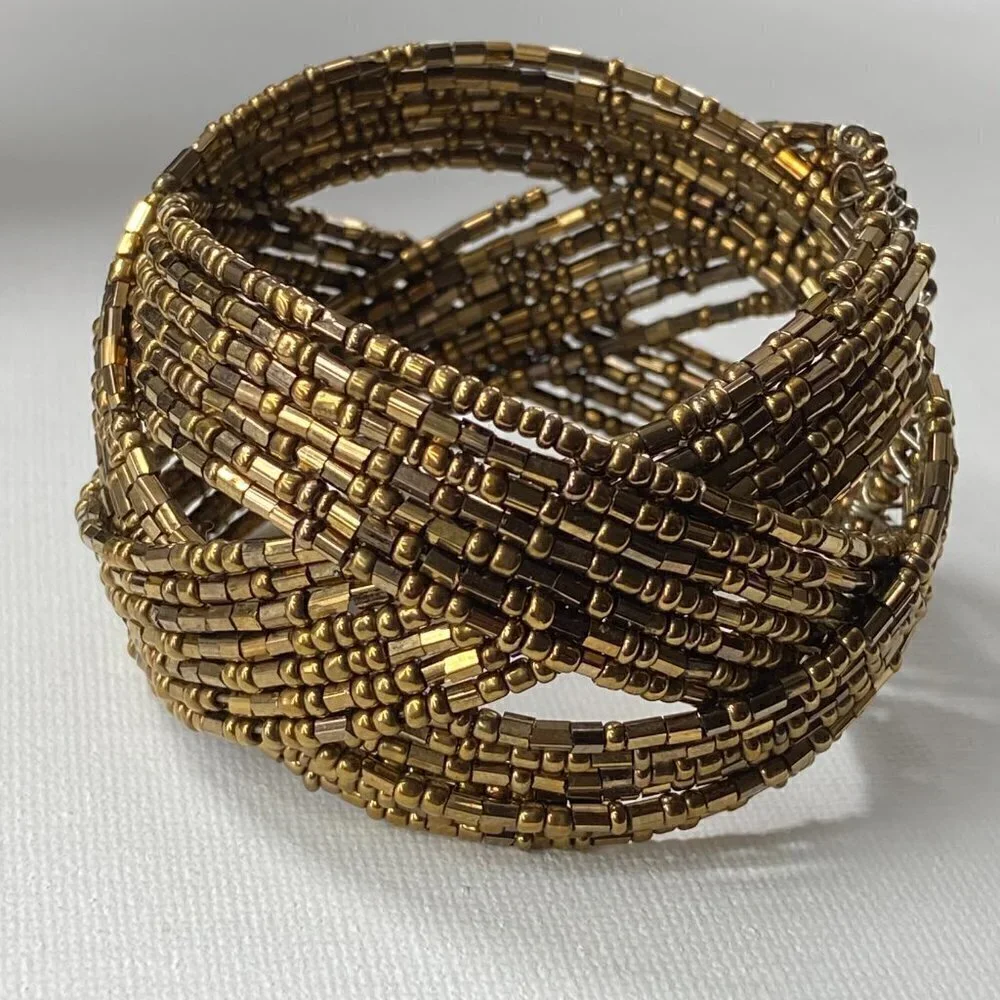 Chunky Gold Beaded Cuff Bracelet, Bohemian Vibe